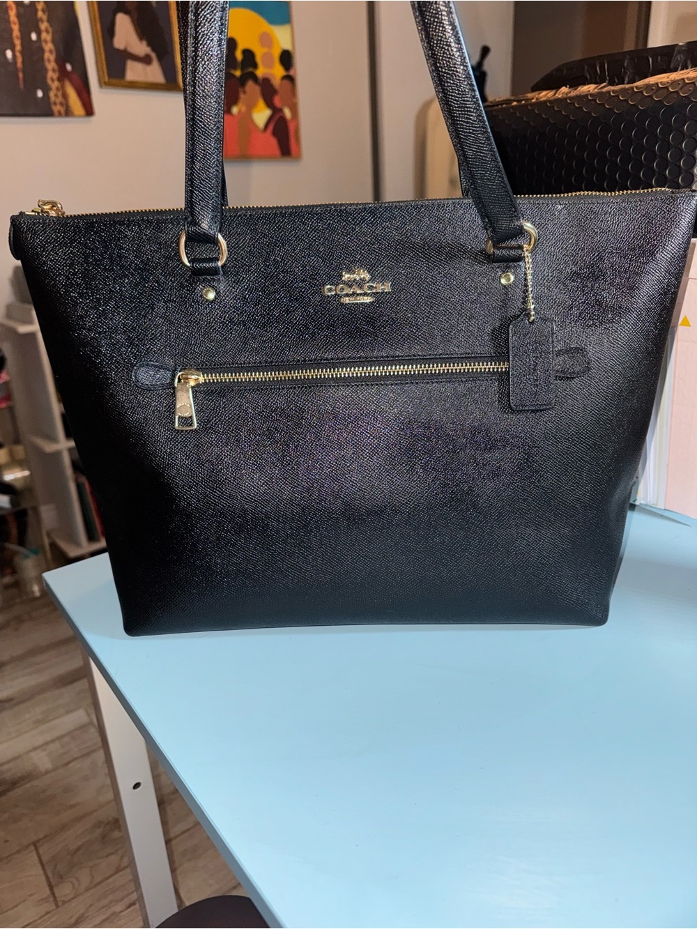 Coach Black Leather Zip Pocket Tote with Gold Hardware